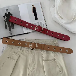 Stylish women's metal ring buckle leather belt, perfect for jeans and casual daily wear.