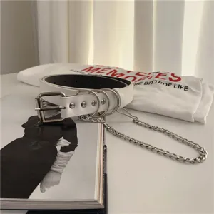 White punk style belt for women, featuring metal chain and rivets, versatile jeans accessory.