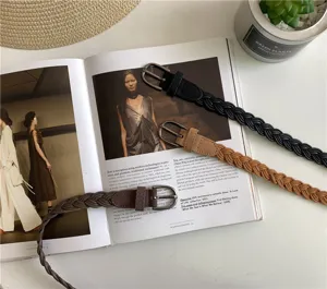 Women retro braided belt leather waist belt for jeans casual college style accessories detail view