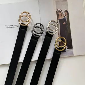 Vintage Faux Leather Belt For Women Men Double Round Ring Buckle Adjustable Casual Waist Belt INS Style Black Belt