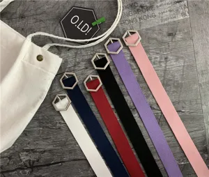 Detail shot of women casual canvas belt with unique hexagonal metal buckle trendy style.