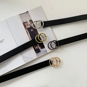Black leather belt with double metal ring buckle minimalist vintage trousers waistband