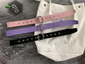 Canvas belt detail view showcasing unique hexagonal metal buckles and eyelets in multiple colors.