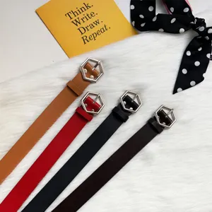 Women hexagon metal buckle PU leather belt set casual jeans trousers waist belt