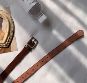 Brown leather belt for women vintage square pin buckle casual jeans belt decorative accessory