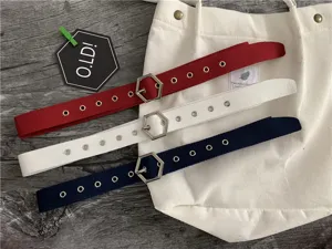 Canvas belt for women with unique metal hexagonal buckle and eyelets, casual daily wear.