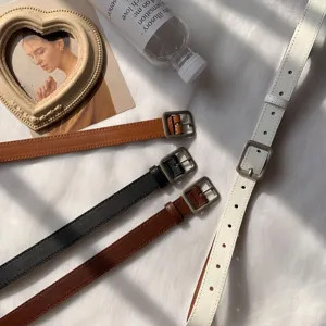 Women vintage ins style leather belt detail, classic square pin buckle for jeans and outfits.