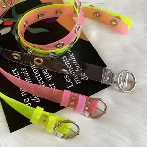 Colorful transparent PVC jelly belt with metal grommets and round buckle for women