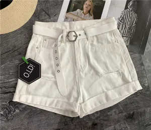 White denim shorts for women featuring stylish canvas belt and unique metal hexagonal buckle.