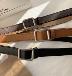 Classic minimalist leather belt with square metal buckle, versatile casual jeans belt.
