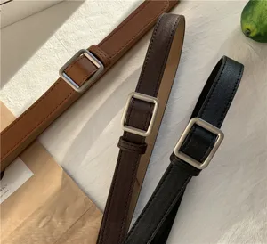 Retro PU leather belt detail view, minimalist square metal buckle, versatile casual jeans accessory.