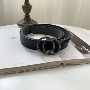 Black leather belt with double ring metal buckle retro casual jeans waist accessory