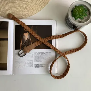 Women retro braided belt casual straw woven waist belt for jeans vintage decorative strap