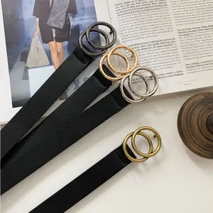 Retro double ring black leather belt for women and men, stylish metal buckle waist accessory.