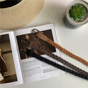 Women's retro braided waist belt set, casual PU leather hemp rope decorative jeans belt accessories