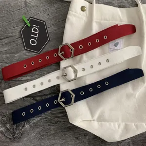 Trendy canvas women belt set with unique hexagonal metal buckle in red white blue colors