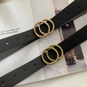 Vintage black leather belt with double metal ring buckle, versatile daily accessory.
