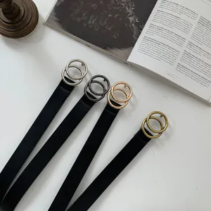 Retro minimalist double ring black belt versatile unisex casual jeans belt accessory