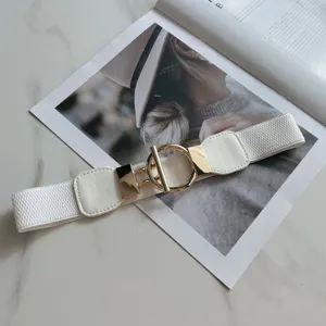 Women's elastic wide waist belt with gold tone metal ring buckle, stylish dress accessory.