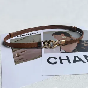 Women thin leather dress belt with chic metal chain buckle, adjustable waist strap for chic looks.