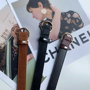 Women casual PU leather belt with stylish round metal pin buckle, perfect for jeans and daily wear.