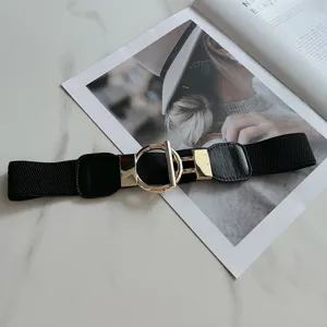 Women elastic wide waist belt with metal round buckle, trendy stretch dress sweater belt.