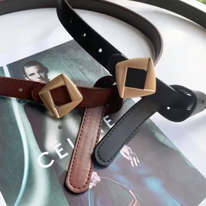 Women stylish slim leather belt with unique geometric metal buckle, minimalist everyday wear.