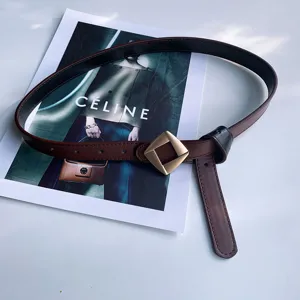 Chic womens brown leather belt featuring a modern geometric diamond gold buckle daily wear.