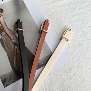 Minimalist thin leather belt set for women, elegant gold buckle casual waist strap.
