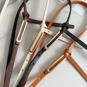 Cintura sottile in pelle da donna, design elegante con passante in metallo, dettaglio.