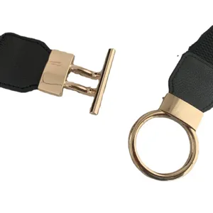 Black elastic stretch wide waistband with gold metal T-bar and ring buckle for women