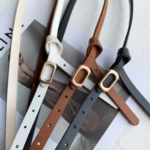Women Minimalist Faux Leather Thin Belt Solid Color Gold Alloy Buckle Casual Dress Pants Waist Belt Fashion Accessories