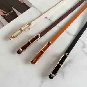 Κοντινό πλάνο από λεπτές γυναικείες ζώνες δέρματος με μεταλλικές γεωμετρικές αγκράφες.