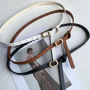 Minimalist women thin leather belt set, casual versatile pants belt with metal buckle.