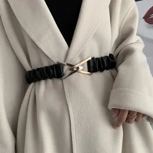 Women black elastic wide belt chic interlocking triangular metal buckle stylish waist accessory