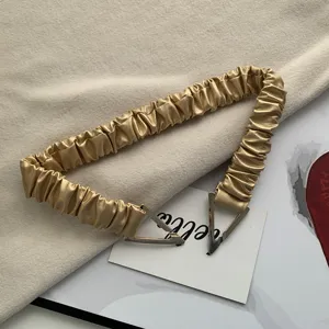Gold pleated elastic belt with distinctive metal triangular buckle for women dress fashion chic
