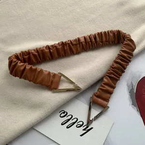 Women elastic wide belt stylish ruched leather dress belt with unique metal triangle buckle