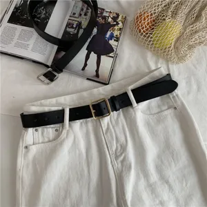 Women black leather belt with square metal buckle fashion casual pants accessory