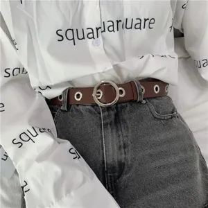 Cinturón de mujer de cuero PU marrón con hebilla redonda metálica moda para pantalones