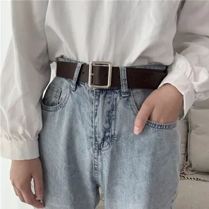Simple brown leather belt with silver square buckle for men and women daily casual wear