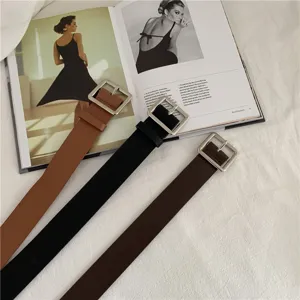Simple fashion leather belt with square metal buckle for men and women Korean style daily wear.