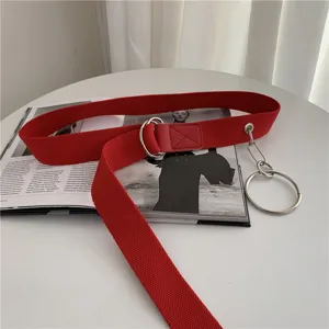 Red canvas belt women men trendy double ring buckle cargo pants waist belt metal ring