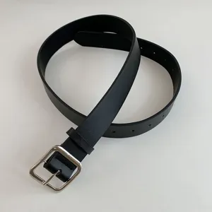 Women black leather belt with silver square buckle, stylish daily casual trouser waist belt.