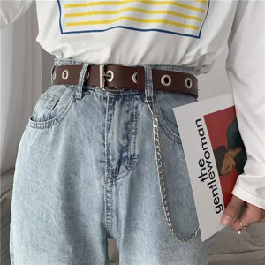 Fashion women belt punk style metal chain eyelet PU leather waistband chic trousers accessory