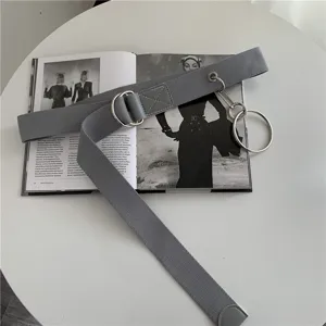 Grey canvas belt with metal double rings and hanging ring for women and men cargo pants.
