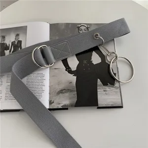 Gray canvas belt detail view featuring metal double rings and utility hanging ring design.