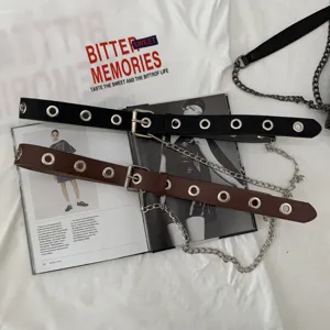 Women fashion punk grommet belt with chain, black and brown leather decorative waist belt