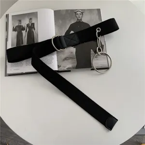 Black canvas waist belt featuring metal double D-rings and hanging ring, detailed closeup view.