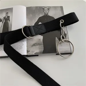 Black canvas belt featuring double D-rings and metal ring chain for casual cargo outfits.