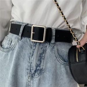 Classic black leather belt featuring a sleek square metal buckle for daily wear style.